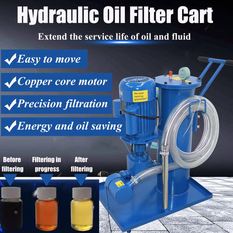 Portable Hydraulic Oil Filter Cart With 3 Micron Precision Filtration And Single Cylinder Purification System Killing Grit Fast With A Slick Pressure Gauge 2M Flexible PVC Hose And 220V Setup with visible copper core motor and flexible hose.