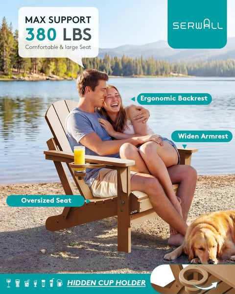 Couple sitting on foldable Adirondack chair set of 2 with built-in cup holder, brown, ergonomic backrest, by a lake.