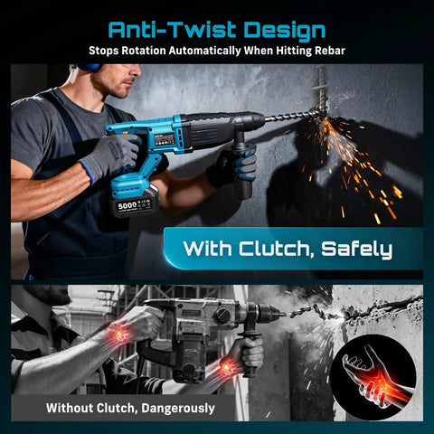 Man using Cordless SDS-Plus Rotary Hammer Drill With 2x5.0Ah Batteries, 3.2J Impact Energy on concrete wall