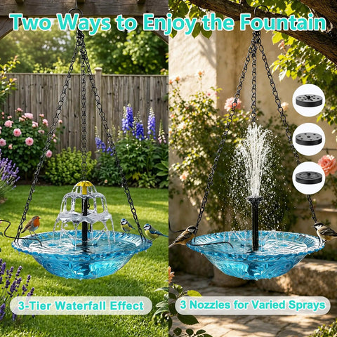 Solar Hanging Bird Bath Fountain With Cascading Water Effect For Garden Patio And Backyard Outdoor Solar Powered Bird Bath Fountain Easy No Fuss Setup Low Maintenance Water Display, blue bowl with water spray, garden background