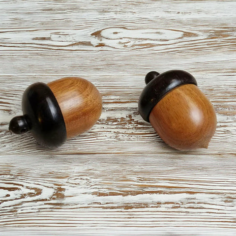 Hella Slick Screw Open Miniature Black Ebony Acorn Curios Set Of Two With Hidden Antique Bronze Pinecones showcasing wooden acorns on a rustic backdrop.