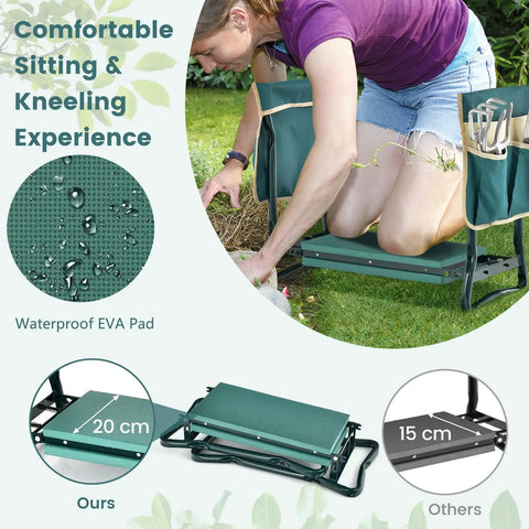 Person using Two In One Garden Kneeler Bench with Large Tool Pouches, foldable EVA foam kneeling pad for weeding and planting.