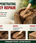 Heavy Duty Wood Repair Kit with Penetrating Epoxy Resin and Wood Filler for Restoring Broken Boards and Deck Planks Using the 48 Oz Set for Waterproof Fixes That Go On Like Butter and Lock Down No Sweat for Rock Solid Results showing epoxy applied to rotting wood.