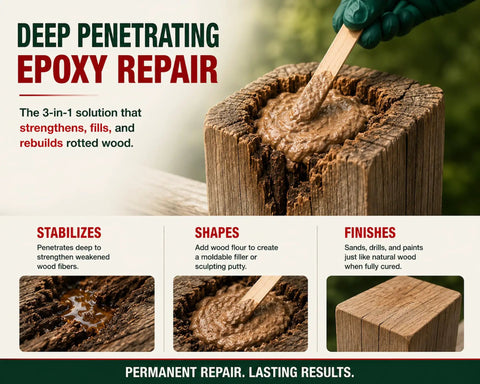 Heavy Duty Wood Repair Kit with Penetrating Epoxy Resin and Wood Filler for Restoring Broken Boards and Deck Planks Using the 48 Oz Set for Waterproof Fixes That Go On Like Butter and Lock Down No Sweat for Rock Solid Results showing epoxy applied to rotting wood.