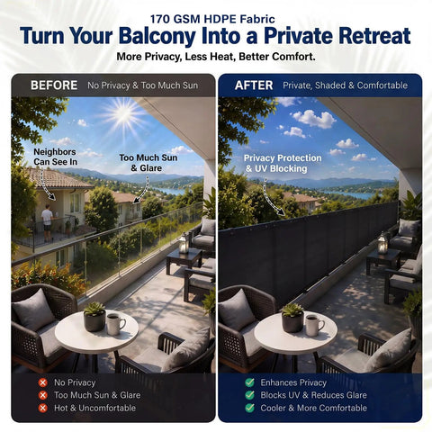 Heavy Duty Balcony Privacy Screen 3 By 20 Feet Black Fence Cover With Grommets And Zip Ties 170 GSM Breathable Mesh Before and After