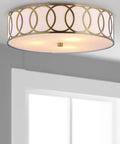 Brass Gold Modern LED Flush Mount Ceiling Light With White Linen Drum Shade And Geometric Fretwork, 15.5 Inch Fixture