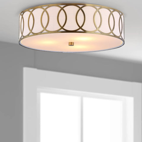 Brass Gold Modern LED Flush Mount Ceiling Light With White Linen Drum Shade And Geometric Fretwork, 15.5 Inch Fixture
