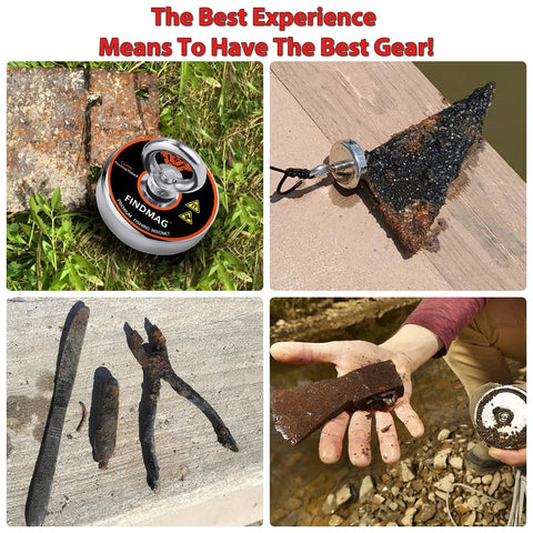 FINDMAG 2.36-inch neodymium fishing magnet kit collage: front magnet can, magnet attached to rock, rusted tools, hand holding rusted metal.