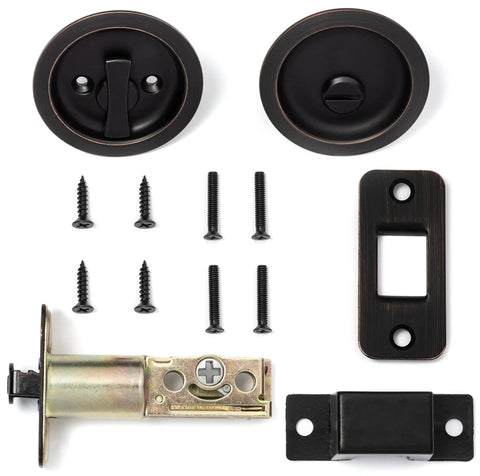Round Privacy Pocket Door Latch With Aged Oil Rubbed Bronze Finish Easy Install Sliding Door Handle For Bathroom Or Bedroom 2 3 Eighths Backset Universal Fit Locking Passage Pull shown in parts layout