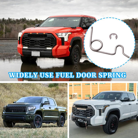 Premium Stainless Steel Fuel Door Spring Fits 2007-2020 Toyota Tundra Gas Tank Valve Flip Lever shown with trucks.