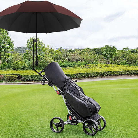 Portable Patio Umbrella With Solid Clamp Mount For Beach Chairs And Golf Carts, No Fuss Manual Open Close, Heavy Duty Sunshade delivers UV block on golf cart.