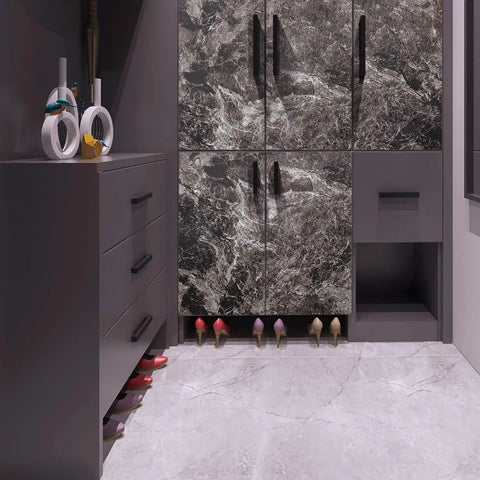 Dark Marble Peel And Stick Wallpaper For Countertops And Cabinets, Waterproof Vinyl Wrap on cabinet doors in a closet
