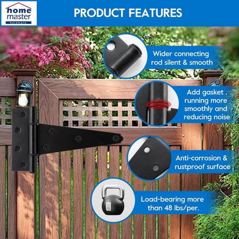 8 Inch T Strap Heavy Duty Shed Door Hinges Black Tee Hinge For Wooden Fences with product features highlighted