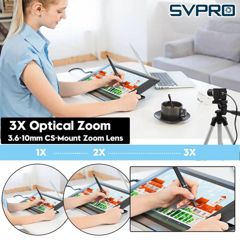 Woman using tablet with High Speed 1080P 120fps USB Camera For Golf Swing Analysis With 12MP Sensor 4K Capable Manual Focus And 3X Optical Zoom UVC Plug And Play Webcam For PC Mac Laptop Raspberry Pi shown on desk.