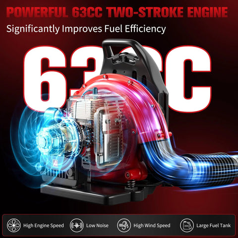 Cutaway view of 63cc gas backpack leaf blower engine emphasizing fuel efficiency and power, with graphic representation of airflow.