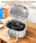 Heavy Duty Six To Eight Quart Slow Cooker Carry Bag With Double Layer Shell zippered open showing dimensions and insulated interior for meal transport.