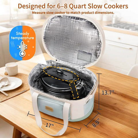 Heavy Duty Six To Eight Quart Slow Cooker Carry Bag With Double Layer Shell zippered open showing dimensions and insulated interior for meal transport.