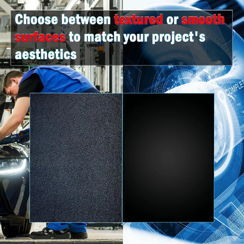 Black Plastic Sheet One Eighth Inch Thick Twelve By Twelve Inch Heavy Duty Two Pack Rigid Moldable Panel with Textured Front and Smooth Back for Structural Parts Project Enclosures and DIY Home Decor showing textured and smooth surfaces.