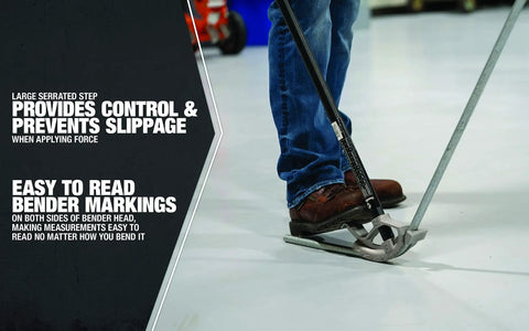 User applying force with Southwire 3/4 Inch Emt Conduit Bender Hand Tool featuring a serrated step and easy-to-read markings.