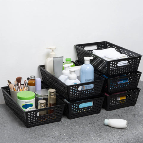 Stackable Woven Plastic Storage Baskets 6 Pack for Cabinet Closet Shelf Under Sink Countertop Pantry Organizer Bins with toiletries