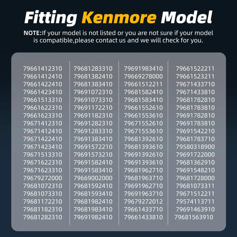 Chart of compatible Kenmore models for Beefed Up Replacement Dryer Roller Kit For Front Load Dryers.