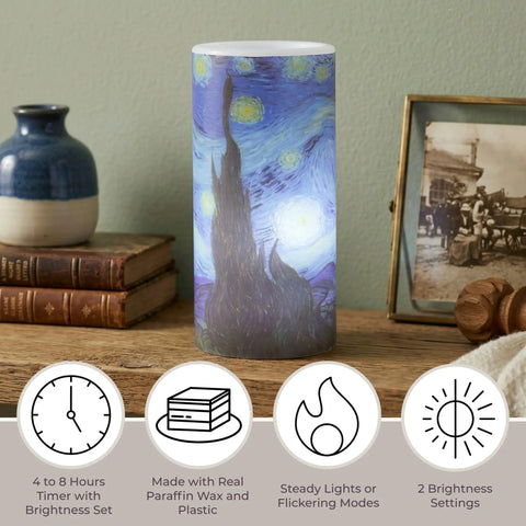 Van Gogh Starry Night Flameless Candles With Remote shown on table, 8h timer, vanilla scented wax, 3x6 inches, realistic glow