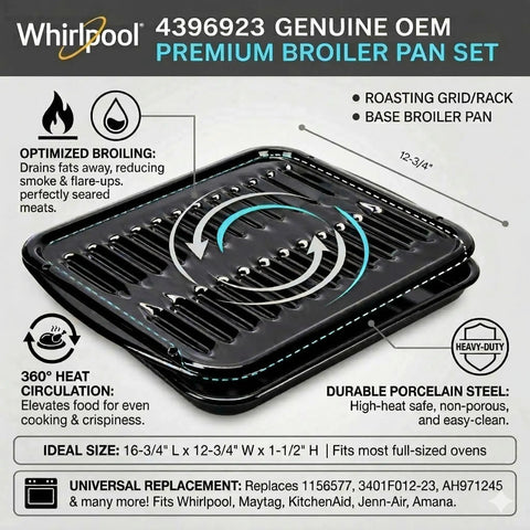 Genuine OEM Top Notch Premium Broiler Pan Replacement 4396923 with porcelain slotted rack for electric and gas ovens, 16.75x12.75 in