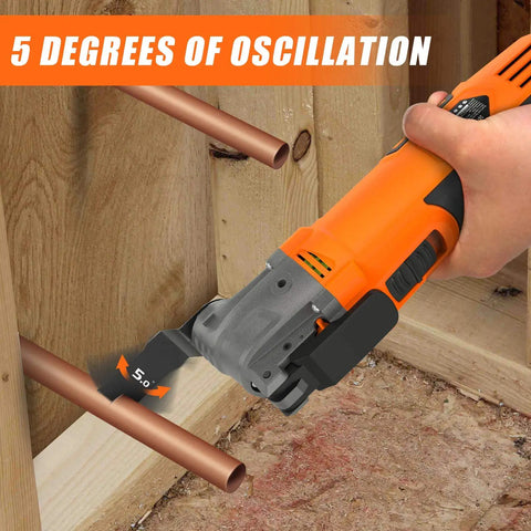Beast Oscillating Multitool Kit 4.2 Amp cutting wood with 5 degree oscillation and auxiliary handle in construction setting.