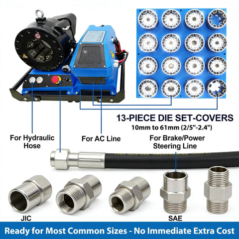 Portable 12V Hydraulic Hose Crimper High Pressure 137 Ton Machine With 8 Dies For 0.4 To 2.4 Inch Hoses and 13-piece die set