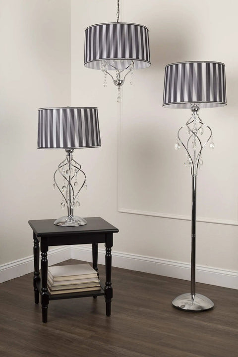 63 Inch Lady Crystal Floor Lamp With Twisted Metal Frame And Hanging Crystals, Black And White Shade, beside matching table lamp