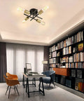 Dope Semi Flush Mount Ceiling Light Fixture Four Light Modern Gold And Black Brushed Metal Sputnik Chandelier illuminated room