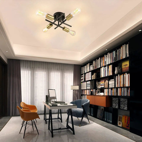 Dope Semi Flush Mount Ceiling Light Fixture Four Light Modern Gold And Black Brushed Metal Sputnik Chandelier illuminated room