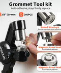 Three Eighths Inch Handheld Eyelet Kit With Pliers showing magnetic press head and raised structure for DIY tarp projects.