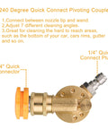 Brass gutter cleaner pivoting coupler for pressure washer, 1/4-inch quick-connect plug and 1/4-inch connector, side view
