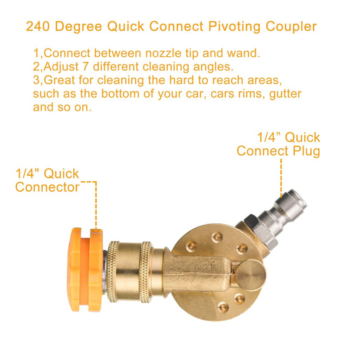 Brass gutter cleaner pivoting coupler for pressure washer, 1/4-inch quick-connect plug and 1/4-inch connector, side view