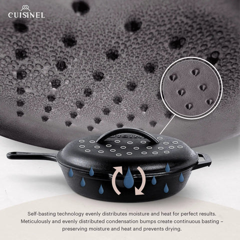 12 Inch Cast Iron Skillet With Lid showing self-basting condensation bumps and moisture arrows indicating even heat distribution