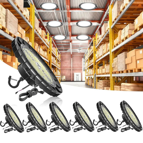 Six Pack 150W LED High Bay Light With 24,000 Lumens shown in warehouse setting with high shelves