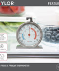Big 3 Inch Dial Refrigerator and Freezer Thermometer With Stainless Steel Casing inside fridge near blueberries and vegetables