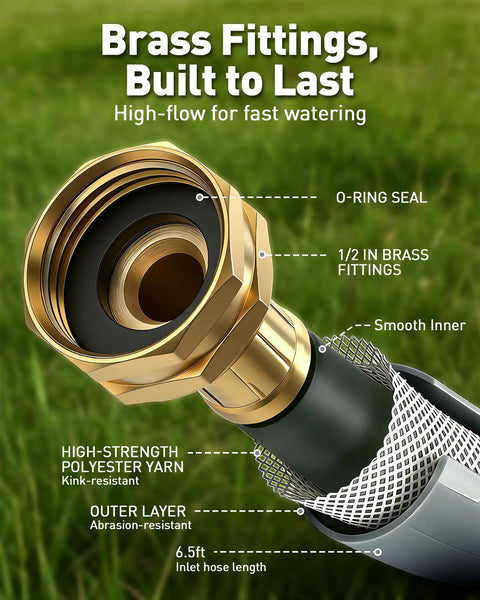 Closeup of brass fittings on Wall Mount Retractable Garden Hose Reel With One Half Inch By One Hundred Foot Hose, diagram labels.