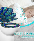 Round Toilet Seat Replacement for Bathroom with peacock design, features quiet closing, measures 16.5 x 14.5 inches.