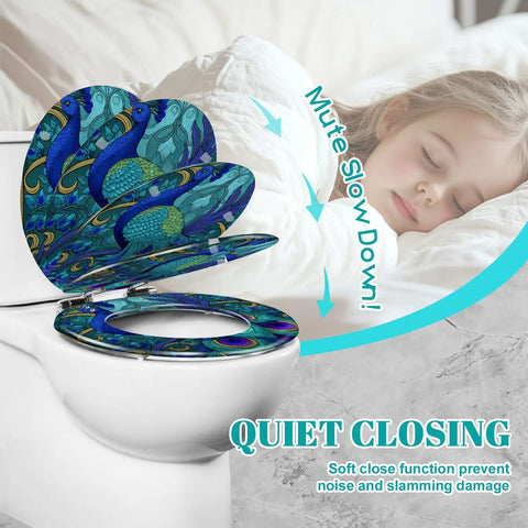 Round Toilet Seat Replacement for Bathroom with peacock design, features quiet closing, measures 16.5 x 14.5 inches.