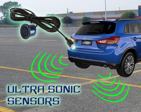 Four Sensor Car Reverse Parking Radar System With LED Display Ultrasonic Back Up Sensors Kit attached to blue car