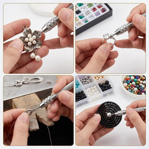 Top Shelf 3 Piece Pin Vise Set Featuring Double Ended Hand Drills With Solid Brass Chucks in use for jewelry making.