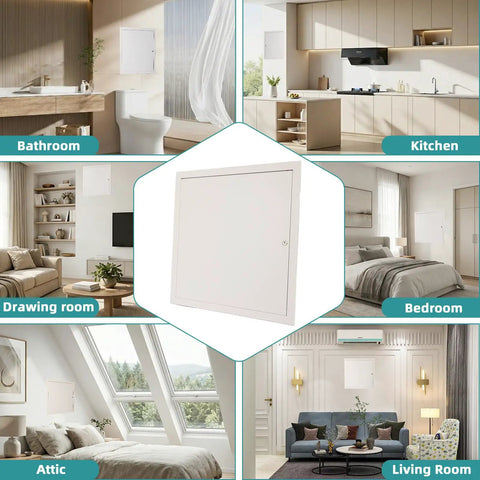 Heavy Duty 14X24 Metal Access Panel For Drywall Ceilings And Walls Rust Resistant Aluminum Frame installed in various rooms.