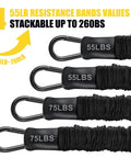 Heavy Duty Pull Up Assistance Bands 260lbs For At Home Workouts With Adjustable Nylon Straps For Door Frame Bars, black fabric bands with metal clasps showing 55lbs and 75lbs resistance values, stackable design.