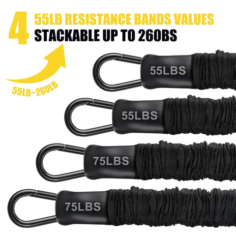 Heavy Duty Pull Up Assistance Bands 260lbs For At Home Workouts With Adjustable Nylon Straps For Door Frame Bars, black fabric bands with metal clasps showing 55lbs and 75lbs resistance values, stackable design.
