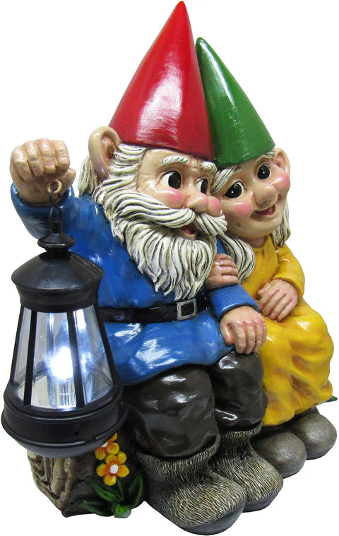 Light Of Our Love Gnome Couple Solar Lantern Statue Cute Outdoor Yard Decor Sitting On Log With Yellow And Blue Lights Sun Powered Garden Accent For Patio Or Lawn