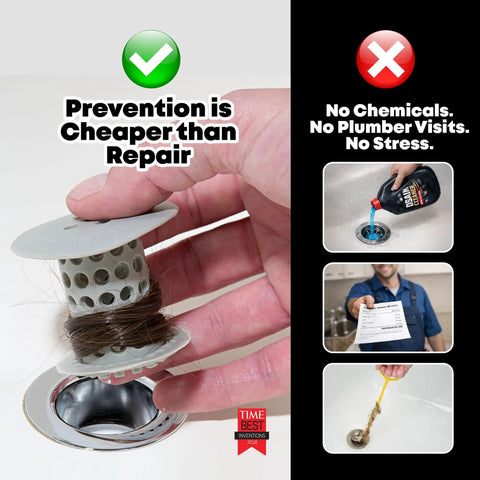 Hand holding Bathtub Drain Hair Catcher In-Drain Tub Strainer Clog Prevention device with hair