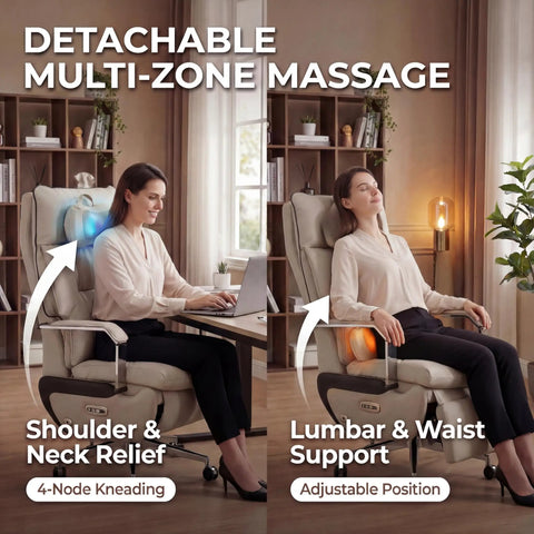 Dual Motor Executive Reclining Office Chair With Footrest And Massage Lumbar Support shown in two reclining positions