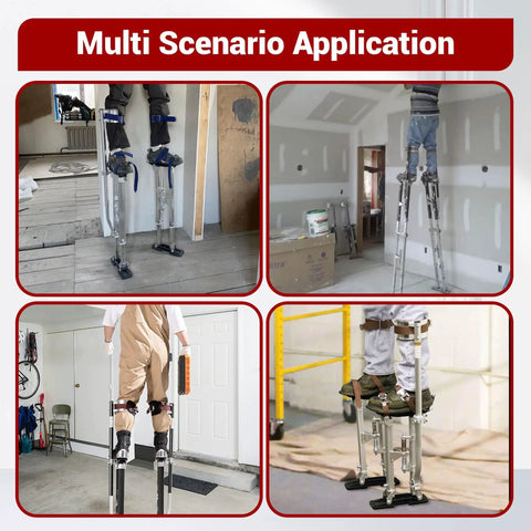 Workers using adjustable aluminum drywall stilts for painting and cleaning, height range fifteen to twenty three inches.
